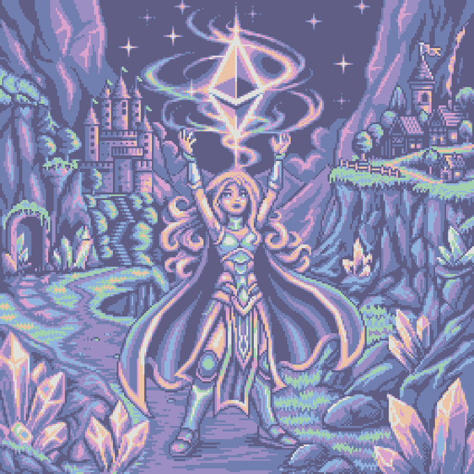 Pixel art illustration of a magical female figure with flowing hair summoning a glowing crystalline gem, set against a fantasy landscape with castles and crystals in purple and teal tones.