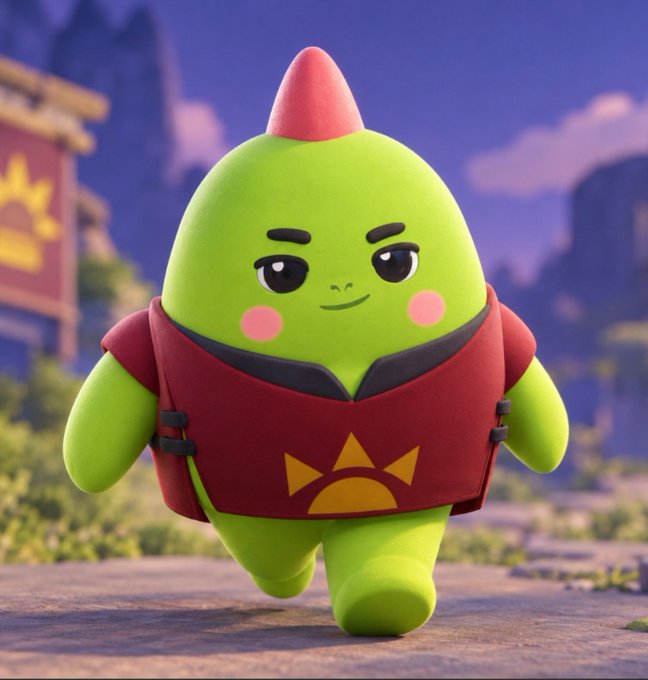 A green, chubby character with a small pink cone on its head, rosy cheeks, and a determined expression walks forward wearing a red vest featuring a yellow sun emblem, set against a vibrant landscape with a banner. The image reflects the tweet's theme by portraying the Sleepagotchi mascot as it advances toward its goal—much like the project itself moving beyond mere leaderboard rankings to build meaningful functionality, symbolized by the character "walking" purposefully forward.