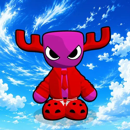 A cartoon character with a purple square head, red antlers, an angry expression, red shirt and tie, and red polka-dot shoes stands against a bright blue sky with clouds.