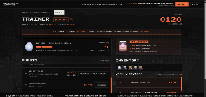 A dark-themed dashboard for Yakkahamon Season 0 Pre-Registration showing a Trainer profile with 0120 points, quests, inventory, weekly rewards, and 52,589 pre-registered trainers.