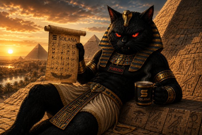 The image features an Egyptian cat sitting on top of a pyramid, holding a scroll with the word "SOLANA" written on it. The cat appears to be enjoying its time atop the pyramid while sipping from a cup. The background shows a sunset over the pyramids and palm trees, creating a serene atmosphere for this feline king.