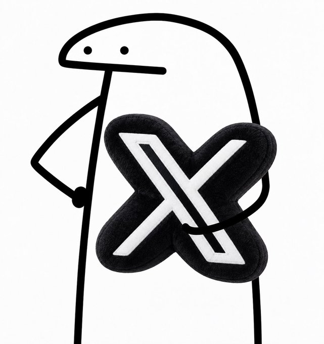 A black-and-white illustration of a simple line-drawn figure holding a plush, X-shaped object with black and white patterns.