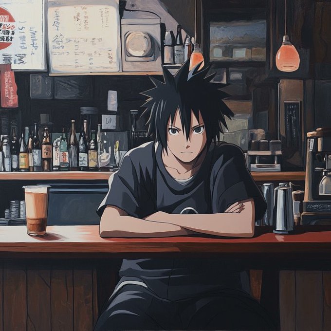 An anime-style illustration of a black-haired, serious young man sitting with crossed arms at a wooden bar, with a glass of amber beer in front of him and various bottles, menus, and warm lights in the background.