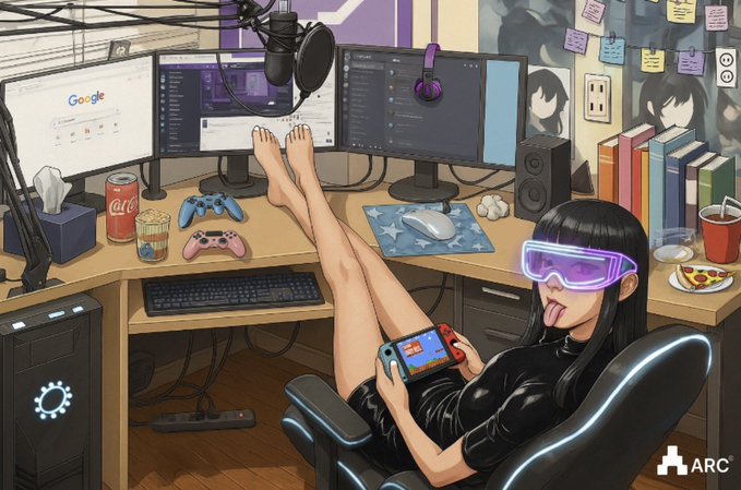 An anime-style illustration of a woman in a black outfit and purple VR goggles lounging in a gaming chair at a multi-monitor desk setup, playing a handheld console, with the ARC logo in the corner.
