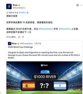 A social media post from 'River (@RiverdotInc)' announcing the reward of 5000 dollars to the last 15 backers of a '2026 World Cup Challenge' guessing the 90-minute score of a match between Spain and Argentina.