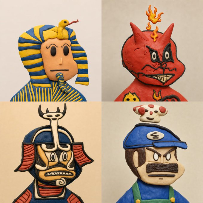 Four clay figurines in a grid: a pharaoh/king with cobra, a red devil cat with flames, a samurai warrior helmet figure, and a worker character with a mushroom on his cap.