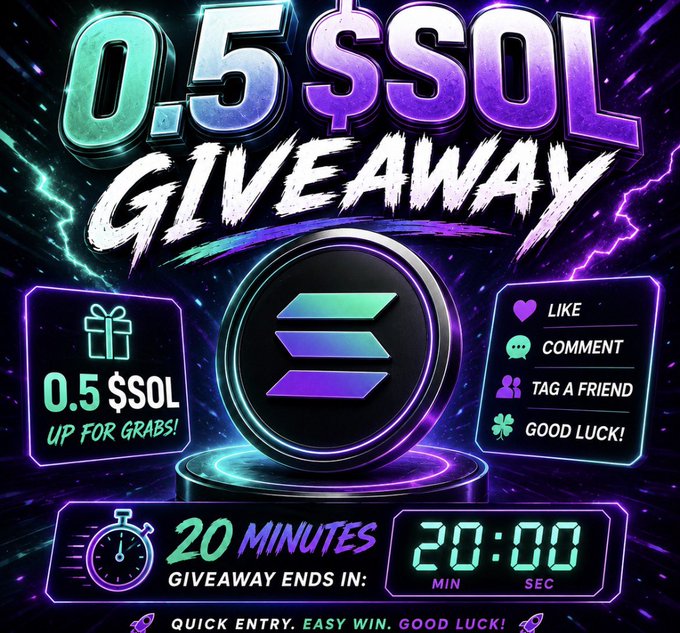 A neon-styled promotional graphic for a '0.5 $SOL GIVEAWAY' featuring a countdown timer at 20:00, with instructions to like, comment, tag a friend, and 'GOOD LUCK!'.