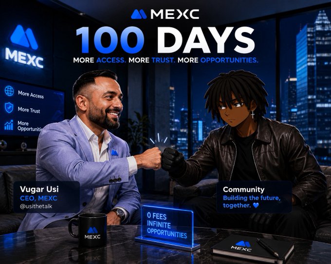 The image shows a promotional graphic for MEXC's "100 Days" campaign, featuring CEO Vugar Usi fist-bumping an animated avatar representing the Community, alongside the tagline "More Access. More Trust. More Opportunities." and "0 Fees, Infinite Opportunities." The accompanying post reflects on how crypto has evolved from a niche "lane" into mainstream conversation, mirroring the campaign's theme of expanded accessibility and bridging traditional investors with the broader crypto community.