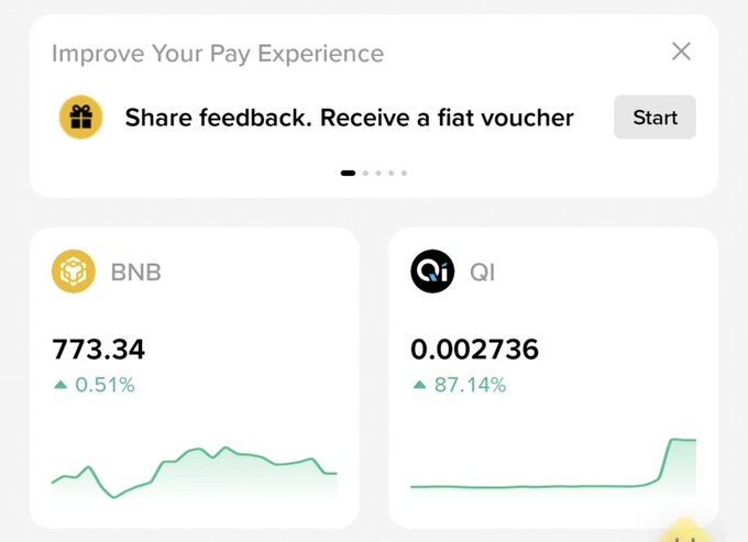 A mobile app interface showing cryptocurrency prices with BNB at 773.34 (+0.51%) and QI token at 0.002736 (+87.14%), along with a 'Improve Your Pay Experience' banner offering a voucher for sharing feedback.