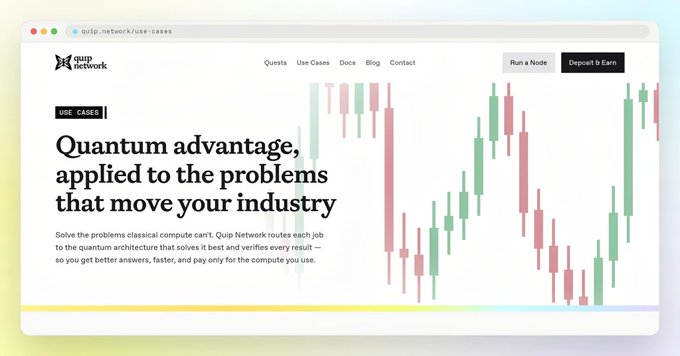 The image depicts a computer screen showing a website called "Quip Network", which focuses on the concept of "Quantum Advantage" applied to problems related to investing. This idea suggests that leveraging the properties of Quantum Mechanics can improve investment strategies, potentially leading to better outcomes in the financial market. The post also mentions the importance of considering what has already happened when building a new infrastructure. In this context, the Qliquo Network is highlighted as an example of a successful application of Quantum Mechanics to the world of finance and investing.