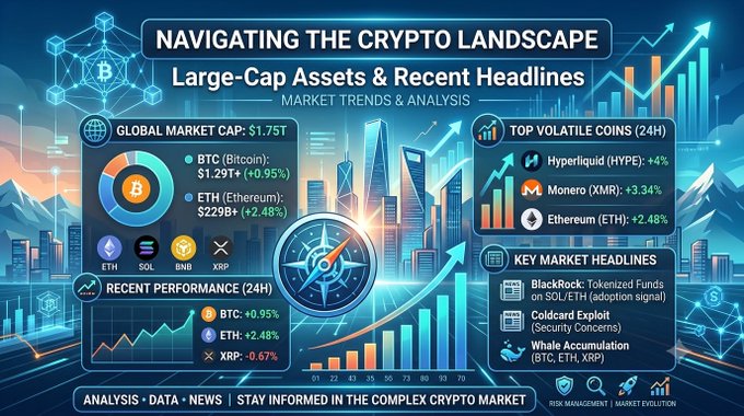 An infographic titled "NAVIGATING THE CRYPTO LANDSCAPE" showing a Global Market Cap of $1.75T, BTC at $1.29T (+0.95%), ETH at $229B (+2.48%), top volatile coins like Hyperliquid (+4%) and Monero (+3.34%), and recent headlines including BlackRock Tokenized Funds and a Coldcard Exploit.