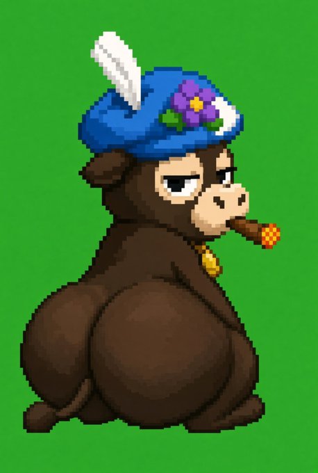 Pixel art of a brown monkey wearing a blue beret with a white feather and a purple flower, smoking a cigar with a gold medallion around its neck against a green background.