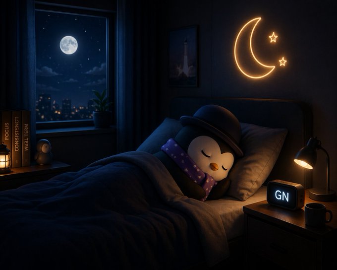 A cozy bedroom at night featuring a penguin plushie with a hat and scarf sleeping in bed, a glowing moon and stars neon light on the wall, a window showing a full moon, and a clock displaying 'GN'.