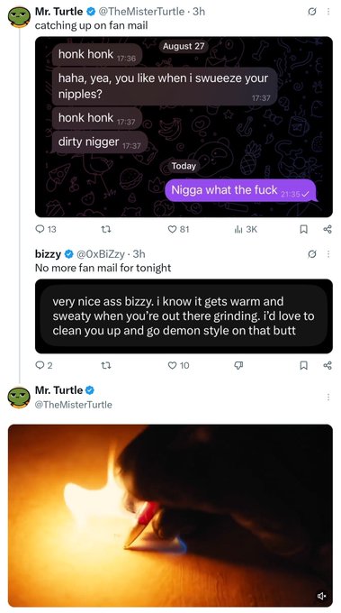 A Twitter/X thread by Mr. Turtle (@TheMisterTurtle) sharing inappropriate fan mail with a racial slur, followed by another post showing a hand burning paper with a lighter in response to harassing messages.