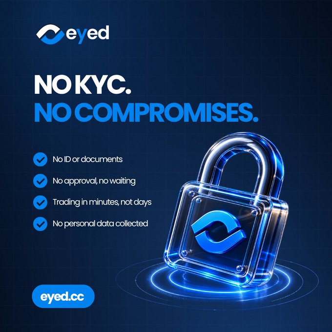 A promotional advertisement for 'eyed' cryptocurrency exchange features a glowing blue 3D padlock with the text 'NO KYC. NO COMPROMISES.' and bullet points listing benefits like 'No ID or documents' and 'No personal data collected.'