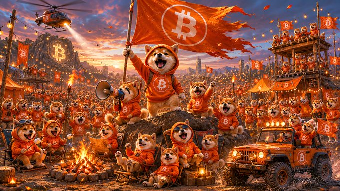 A digital illustration depicting a massive gathering of Shiba Inu dogs in orange hoodies waving a large Bitcoin flag, with a campfire, helicopter, and off-road vehicle in a desert-like setting.