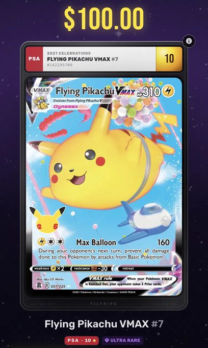 A graded Pokémon card display shows “Flying Pikachu VMAX #7” with a $100.00 price tag, PSA 10, and “ULTRA RARE” visible.
