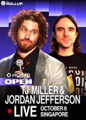 A promotional poster for "ROLLUP MONAD OPEN" featuring TJ Miller and Jordan Jefferson live on October 6 in Singapore.