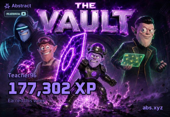 A promotional graphic titled 'THE VAULT' from Abstract features characters with purple energy effects, displaying 'Teacher96' with '177,302 XP Earned this week' and the URL 'abs.xyz'.