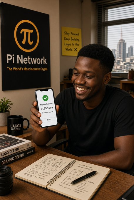 A smiling man in Lagos, Nigeria holds a smartphone showing a 'Payment Received +1,250.00 ₱' notification, with a 'Pi Network' poster reading 'The World's Most Inclusive Crypto' on the wall behind him.