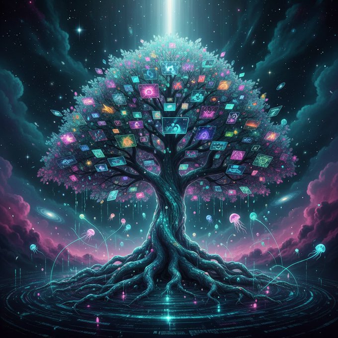A vibrant digital artwork of a magical tree with glowing screens and images embedded in its foliage, surrounded by jellyfish and cosmic elements in a fantastical night sky.