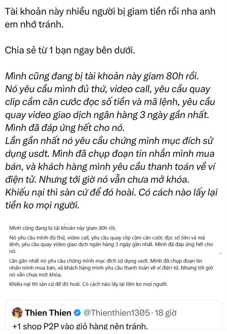 Vietnamese-language social media post warning about a P2P trading account that held funds for 80 hours, with user 'Thien Thien @Thienthien1305' commenting to avoid that shop.