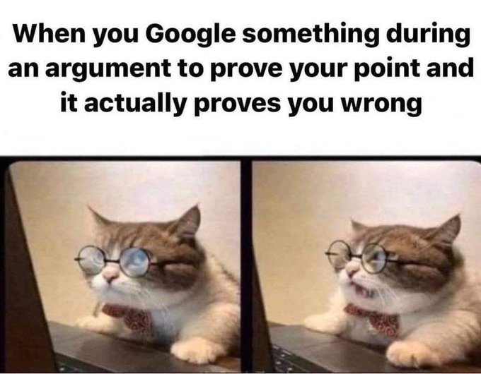 A meme features a cat wearing glasses and a bow tie sitting at a laptop, shown in two panels—one with a neutral, serious expression and one with a shocked, open-mouthed reaction. The caption reads: "When you Google something during an argument to prove your point and it actually proves you wrong."