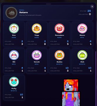 A mobile game screenshot shows a collection screen for various Hatsune Miku-themed NFT characters from the SEADNA project, including 'Ena', 'Triage', and 'Pomodoro'.
