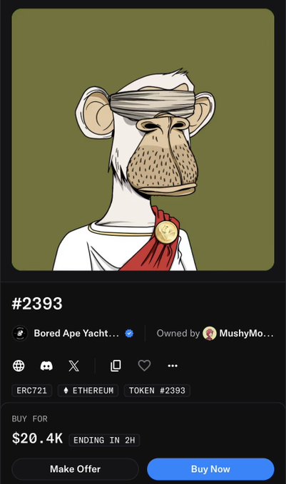 A mobile screenshot of an NFT listing for Bored Ape Yacht Club #2393, showing a blindfolded ape with a red sash and gold coin, priced at $20.4K with a 'Buy Now' button.