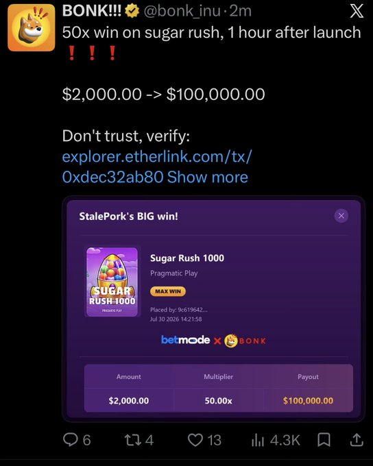 A tweet from BONK!!! (@bonk_inu) celebrating a 50x win on Sugar Rush, showing a payout of $100,000.00 from a $2,000.00 stake, verified on Etherlink.