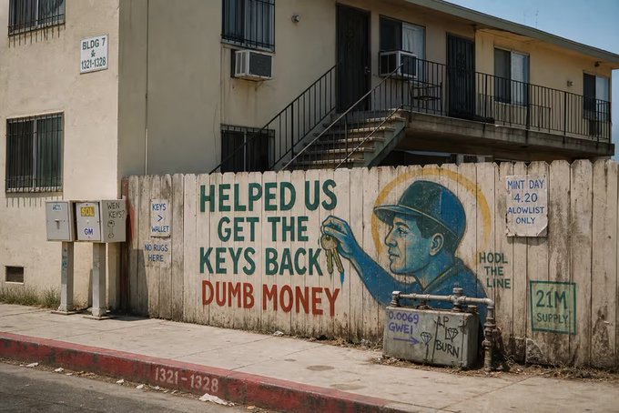A street mural on a wooden fence reading "HELPED US GET THE KEYS BACK DUMB MONEY," depicting a blue figure in a cap handing keys to another person, with graffiti notes like "0.0069 QWEI BURN," "HODL THE LINE," and "21M SUPPLY".
