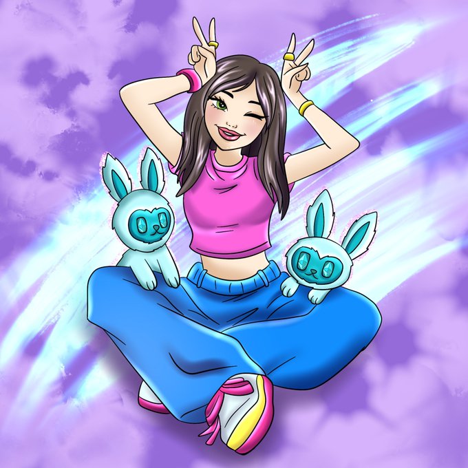 A digital illustration of a smiling anime-style girl in a pink crop top and blue baggy pants making peace signs, sitting cross-legged on purple clouds with two small blue rabbit creatures.