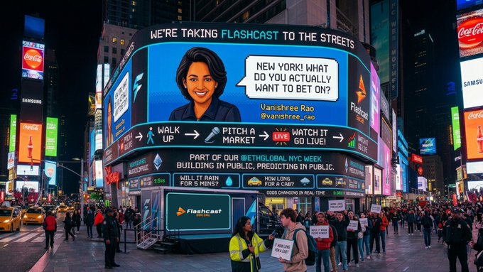 The image shows a busy street scene with many people walking around and various advertisements displayed on billboards and signs. The main focus of the image is a large billboard featuring a woman's face, likely advertising for a product or service. The text on the billboard reads "We're at @ETHGlobal building in public. Catch @vanishree_rao live in Times Square tonight - tell her what you'd bet on, watch her turn it into a live Flashcast market." This suggests that there is an event happening in Times Square and people are using social media to share their experiences or opinions about the event with others around the world.