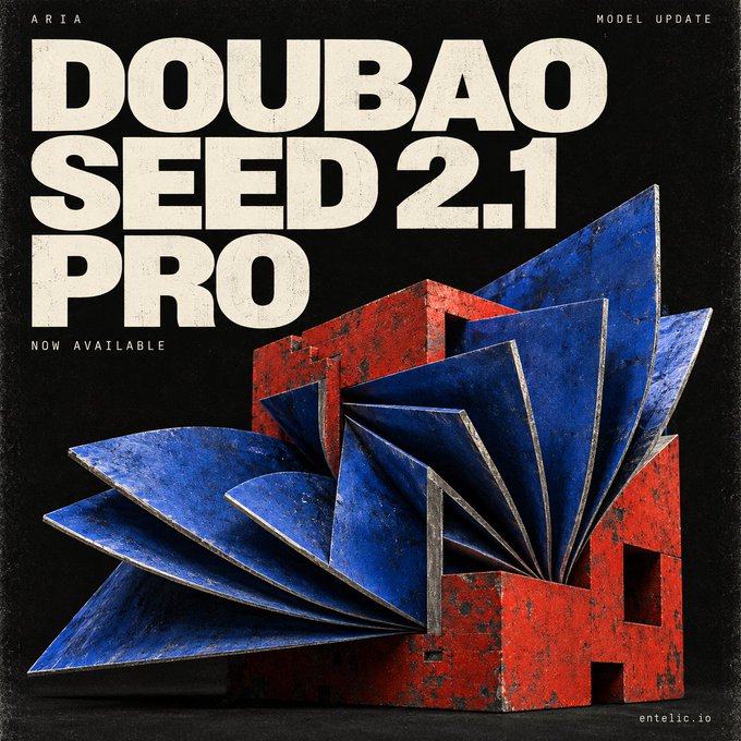 Promotional poster with bold text 'DOUBAO SEED 2.1 PRO NOW AVAILABLE' above a red box with 'AI' containing blue geometric pages, branded 'entelec.io'.