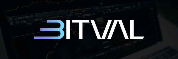 The image shows the "BITVAL" logo in stylized blue and white text, overlaid on a dark background featuring what appears to be a cryptocurrency trading chart with Bitcoin (USD) price data. The visual serves as branding for the Bitval platform, which the post references as a crypto trading tool the author reviewed positively for its product-focused approach.