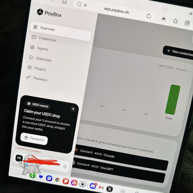 The image shows a "USDC reward" pop-up on the PayBox dashboard, prompting the user to "Claim your USDC drop" by connecting their X account. This directly relates to the post's request to claim "6969 USDC" from MoonPay via such a drop.