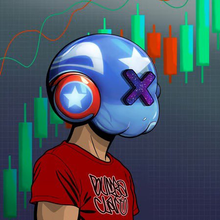 A digital illustration depicts a character wearing a metallic blue helmet with a star and an 'X' over one eye, set against a background of green and red trading chart candlesticks.