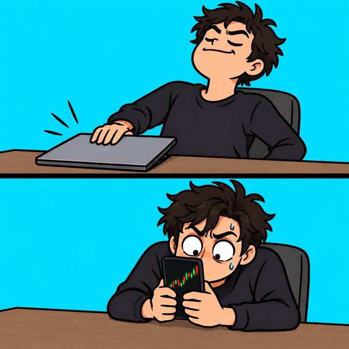A cartoon split-panel shows a man closing his laptop in frustration in the top frame, then anxiously reopening the trading chart on his phone with wide, panicked eyes and a sweat drop in the bottom frame—perfectly capturing the irony of trying to quit checking the markets but giving in almost immediately.