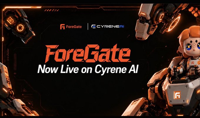A promotional graphic announcing 'ForeGate - Now Live on Cyrene AI' featuring a futuristic orange and black color scheme with a mech character on the right and ForeGate and CYRENE AI logos at the top.