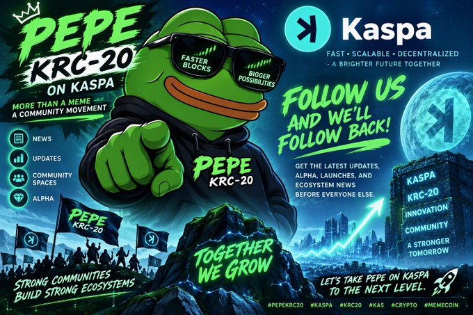 Promotional graphic featuring Pepe the Frog wearing sunglasses and a hoodie, advertising 'PEPE KRC-20 ON KASPA' with tags like #PEPEKRC20, #KASPA, #KRC20, #KAS, #CRYPTO, #MEMECOIN.