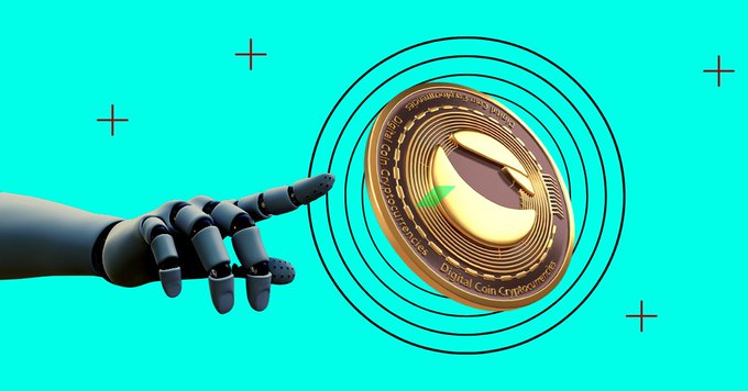 A robotic hand points toward a golden coin labeled "Digital Coin Cryptocurrency" encircled by black rings against a teal background, symbolizing the automated, AI-driven nature of crypto trading. The image visually represents the post's claim that LUNC, LUNA, and USTC share the same market maker, highlighting the algorithmic forces behind their coordinated price movements.