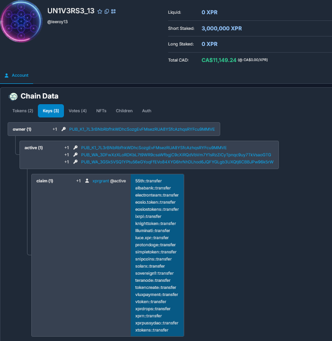 A cryptocurrency dashboard for user UN1V3RS3_13 (@leroy13) showing 3,000,000 XPR short staked, with a chain data section displaying keys and a dropdown menu listing various token transfer options.