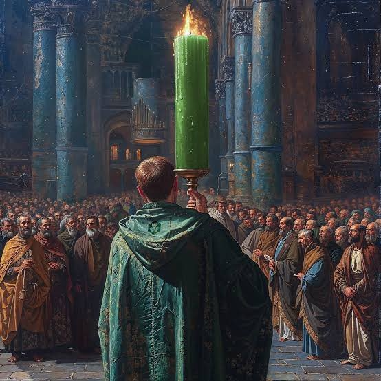 A digital painting showing a man in a green cloak holding a large, lit green candle aloft in a grand hall filled with a crowd of people.