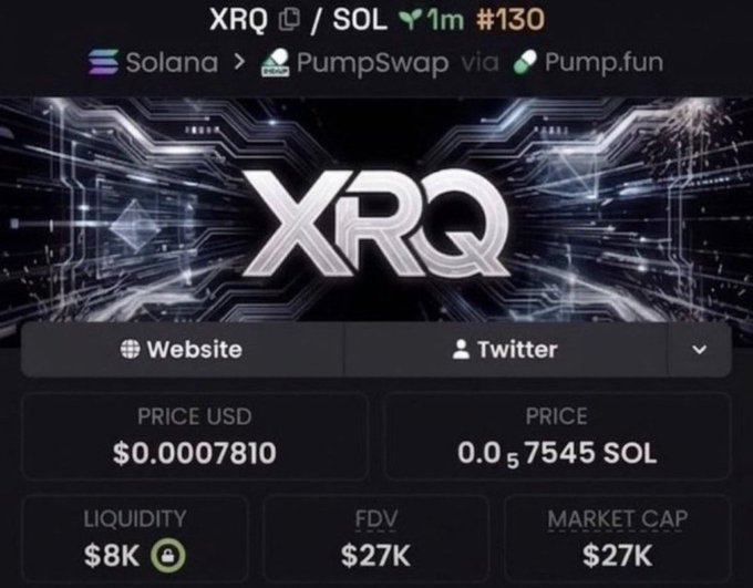 A Pump.fun token page for XRQ/SOL (#130) showing a futuristic tech-themed banner with $0.0007810 price, $8K liquidity, $27K FDV, and $27K market cap.