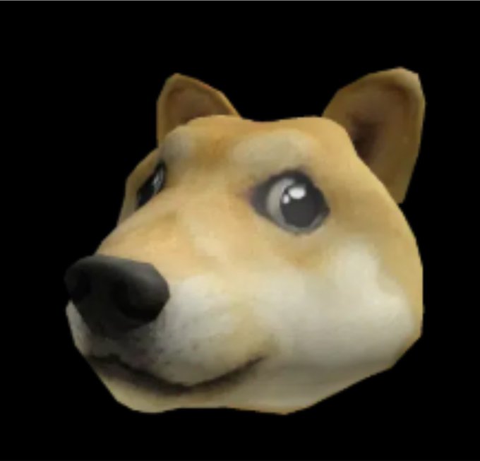 The image shows a low-poly 3D rendered head of a Shiba Inu dog (Doge) with a tan and white face against a black background. It relates to the post's mention of "Epic Doge" as a crypto meme token, with the Shiba Inu imagery directly referencing the Dogecoin-inspired project being promoted.