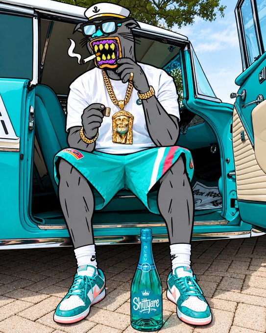 An illustration of a stylized anthropomorphic shark character with gold teeth, wearing a sailor hat, sunglasses, gold chains, and turquoise shorts, sitting on a teal vintage van with a bottle labeled 'Shitigure' between its feet.