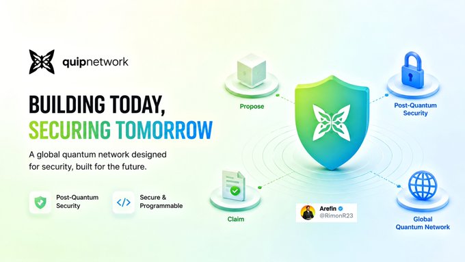 The image features a poster with a white background, green and blue text, and various symbols related to security and technology. The main focus of the poster is Quipnetwork's vision for the future of global quantum computing networks. The text on the poster highlights that this new network will be built to tackle complex problems while laying the foundation for stronger digital security. It also mentions a claim model where users can submit claims about their data, and Quipnetworks will assess these claims to ensure the security of the global Quantum Computing Network.