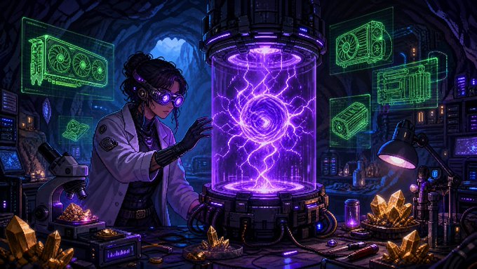 A digital illustration depicts a female scientist in a lab coat working near a glowing purple cylindrical chamber containing lightning-like energy, surrounded by floating holographic displays and golden crystals.