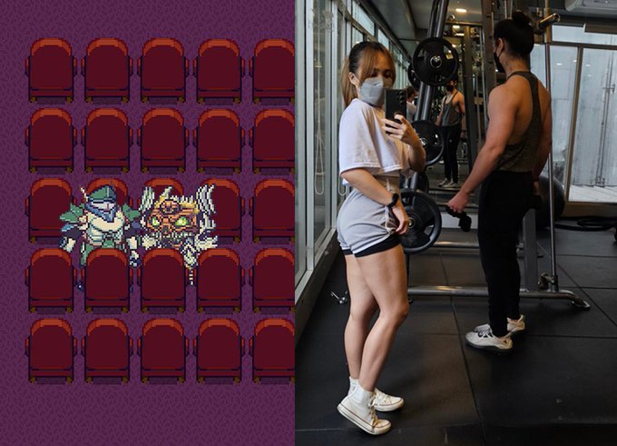 A split image showing pixel art of characters in red chairs on the left and a young woman wearing a face mask taking a mirror selfie in a gym next to a person lifting weights on the right.