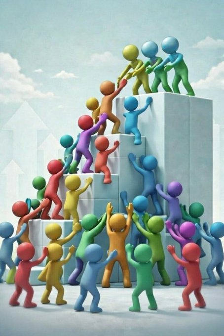 A 3D illustration showing colorful figures climbing and building a staircase of white blocks together, symbolizing teamwork and progress.